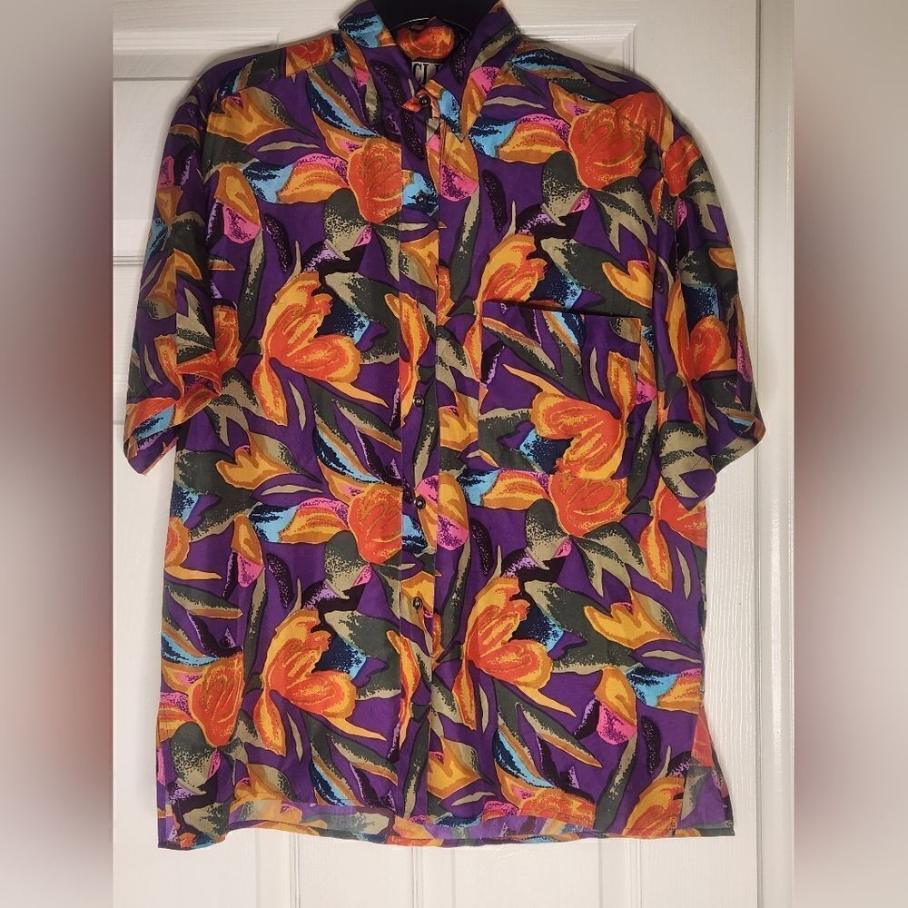 Vtg Clio Xl Hawaii Abstract Floral Print Shrtslv Pocket Buttons Up Women Shirt